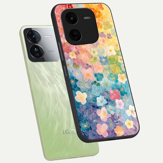 Rainbow Blossom Burst phone case For iQOO Z9x 5G showing premium glass back cover with detailed artwork