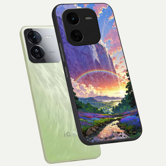 Rainbow Valley Dream phone case For iQOO Z9x 5G showing premium glass back cover with detailed artwork