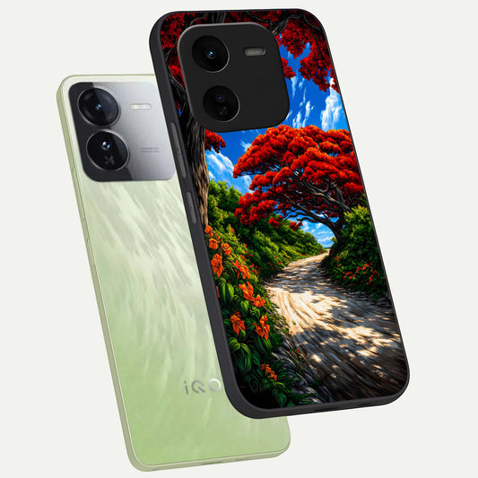 Red Trees Pathway phone case For iQOO Z9x 5G showing premium glass back cover with detailed artwork