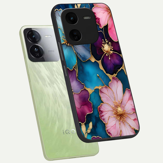 Sparkle Floral phone case For iQOO Z9x 5G showing premium glass back cover with detailed artwork