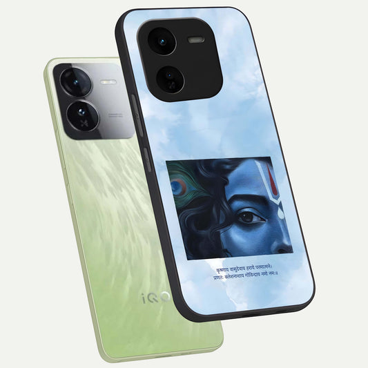 Spiritual Krishna phone case For iQOO Z9x 5G showing premium glass back cover with detailed artwork