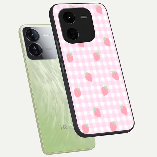 Strawberry Picnic Love phone case For iQOO Z9x 5G showing premium glass back cover with detailed artwork