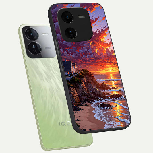 Sunset House By Sea phone case For iQOO Z9x 5G showing premium glass back cover with detailed artwork