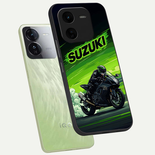 Suzuki Speed Beast phone case For iQOO Z9x 5G showing premium glass back cover with detailed artwork