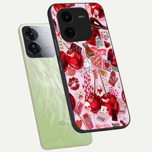 Sweet Cherry Chaos phone case For iQOO Z9x 5G showing premium glass back cover with detailed artwork