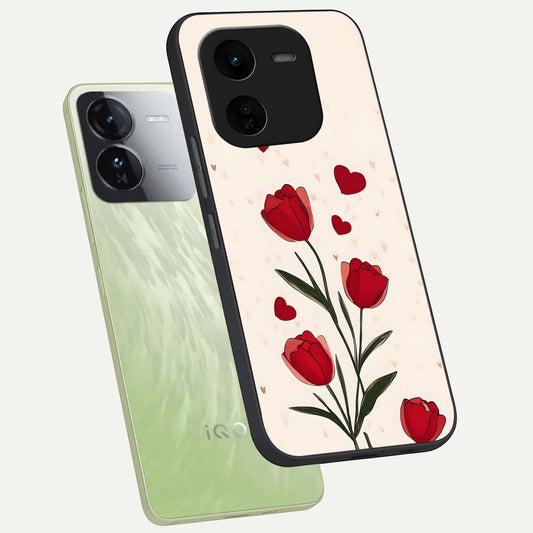 Tulip With Heart phone case For iQOO Z9x 5G showing premium glass back cover with detailed artwork