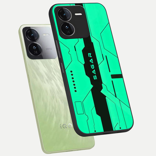 Aqua Tech CYBERPUNK Custom Name phone case For iQOO Z9 showing premium glass back cover with detailed artwork