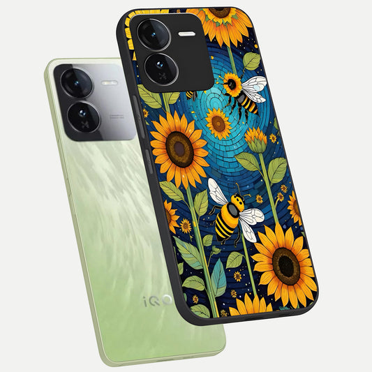Bees And Sunflowers phone case For iQOO Z9 showing premium glass back cover with detailed artwork