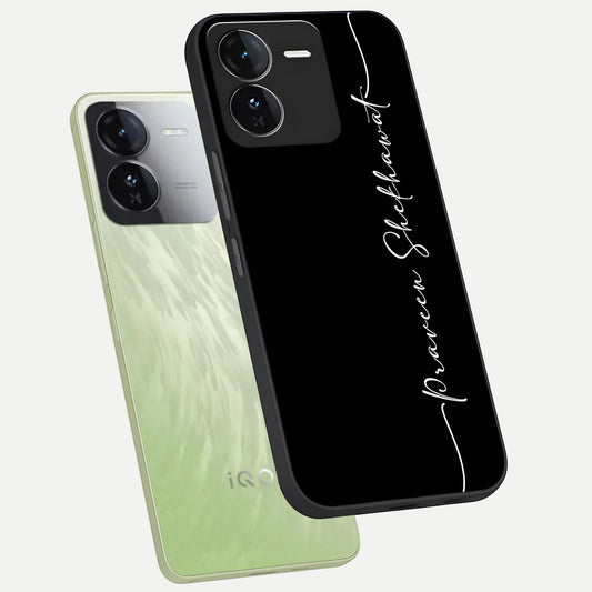 Black Tune Custom Name phone case For iQOO Z9 showing premium glass back cover with detailed artwork