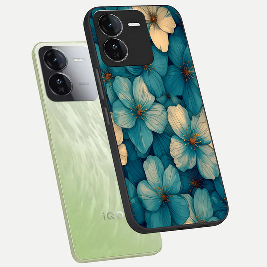 Blue Shade Floral phone case For iQOO Z9 showing premium glass back cover with detailed artwork