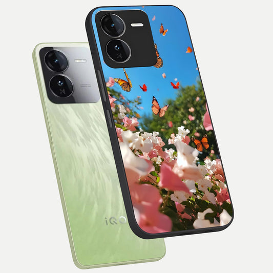 Butterflies In Bloom Sky phone case For iQOO Z9 showing premium glass back cover with detailed artwork