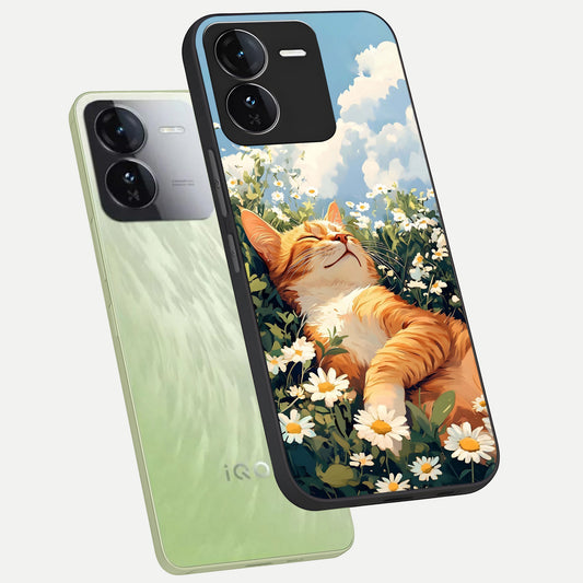 Cat And Flowers View phone case For iQOO Z9 showing premium glass back cover with detailed artwork