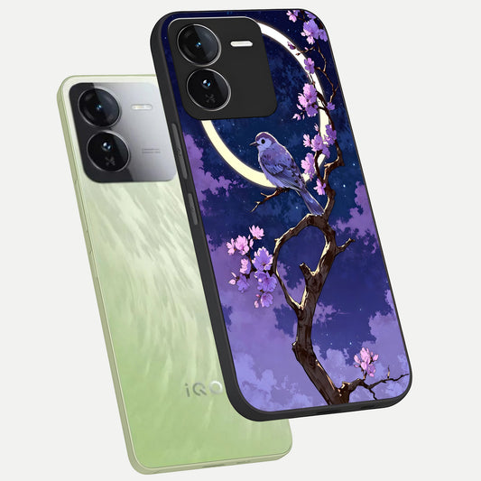 Celestial Bird Blossom phone case For iQOO Z9 showing premium glass back cover with detailed artwork