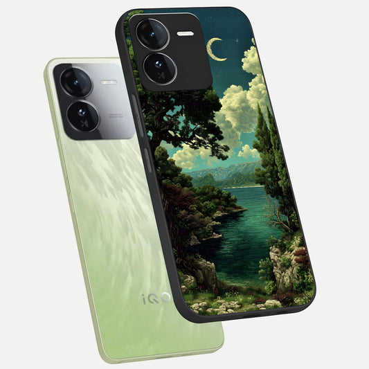 Celestial Lake Peace phone case For iQOO Z9 showing premium glass back cover with detailed artwork