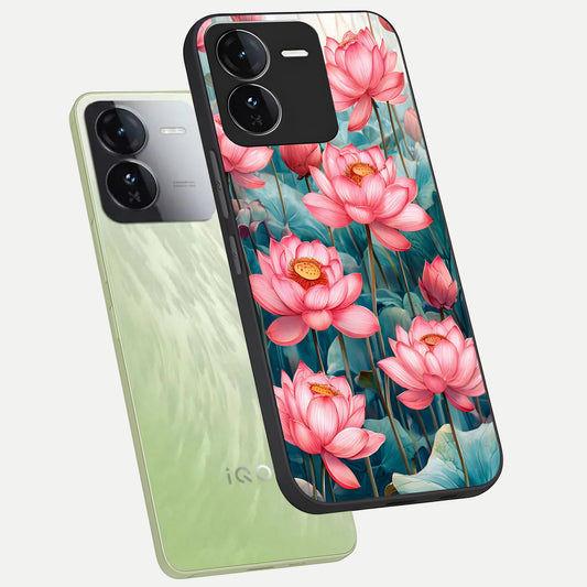 Celestial Pink Lotus phone case For iQOO Z9 showing premium glass back cover with detailed artwork