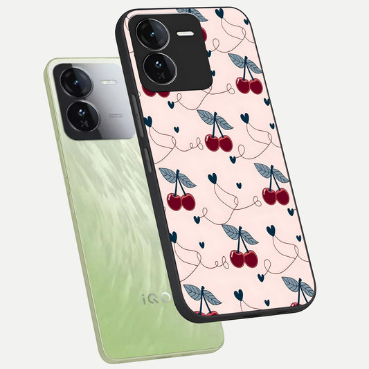 Cherry Heart Line phone case For iQOO Z9 showing premium glass back cover with detailed artwork
