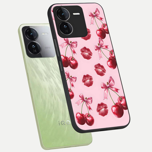 Cherry With Lips phone case For iQOO Z9 showing premium glass back cover with detailed artwork