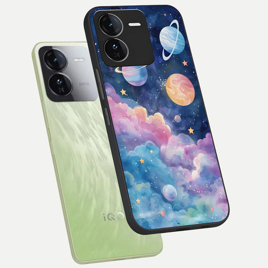 Cosmic Planet Dreams phone case For iQOO Z9 showing premium glass back cover with detailed artwork
