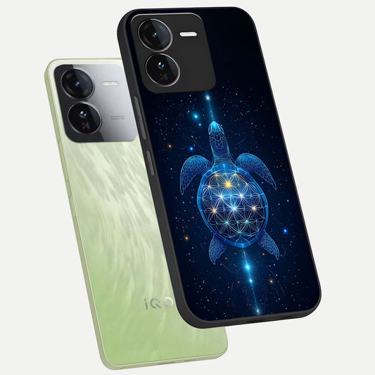 Crimson Blue Turtle phone case For iQOO Z9 showing premium glass back cover with detailed artwork