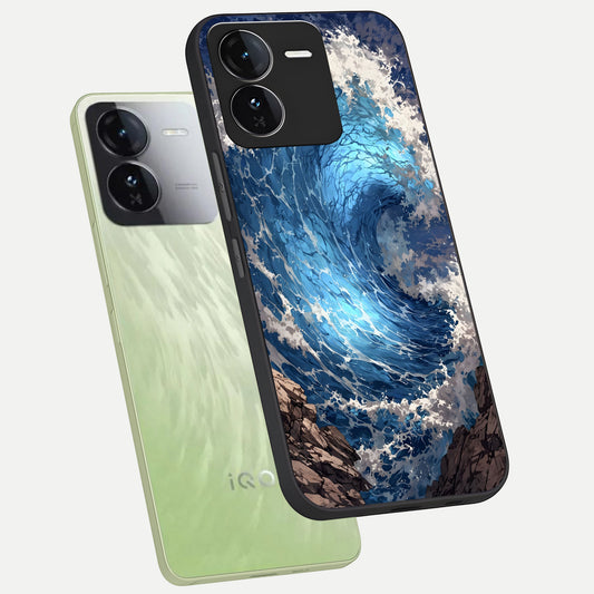 Giant Ocean Wave phone case For iQOO Z9 showing premium glass back cover with detailed artwork