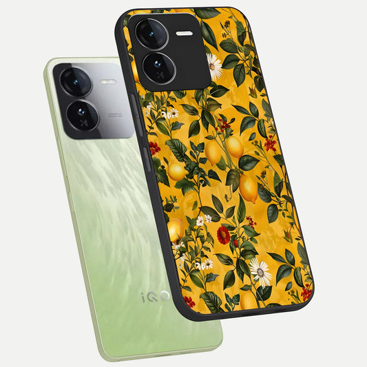 Golden Lemon Field phone case For iQOO Z9 showing premium glass back cover with detailed artwork