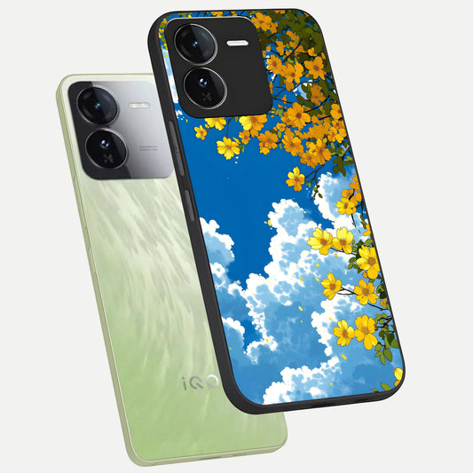 Golden Petal Sky phone case For iQOO Z9 showing premium glass back cover with detailed artwork