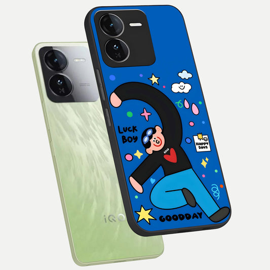 Happy Luck Vibe phone case For iQOO Z9 showing premium glass back cover with detailed artwork