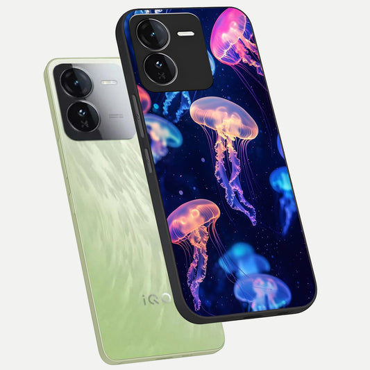 Jellyfish Pattern phone case For iQOO Z9 showing premium glass back cover with detailed artwork