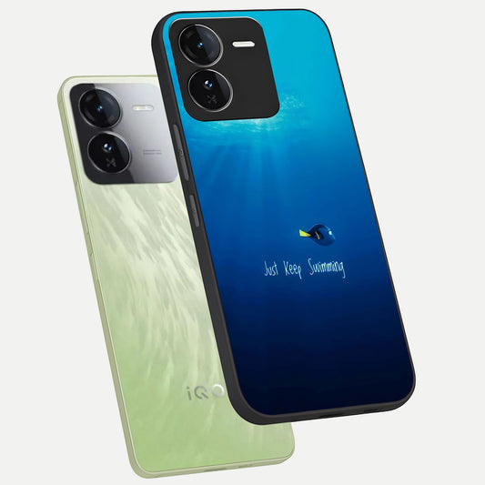 Just Keep Swimming phone case For iQOO Z9 showing premium glass back cover with detailed artwork