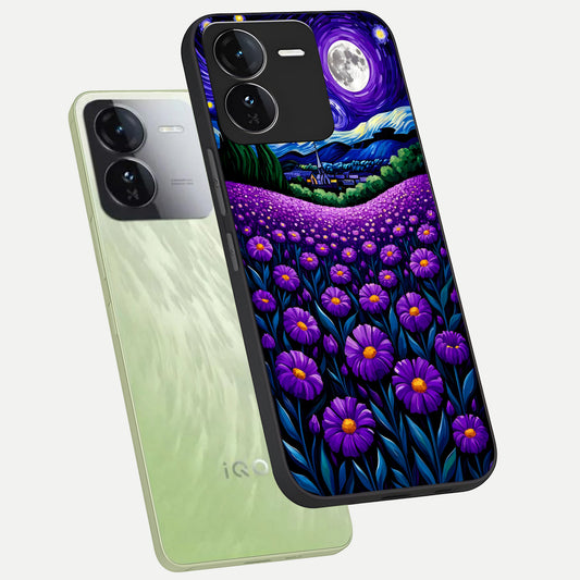 Lavender Moon Field phone case For iQOO Z9 showing premium glass back cover with detailed artwork