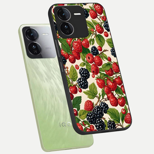 Mixed Berry Collage phone case For iQOO Z9 showing premium glass back cover with detailed artwork