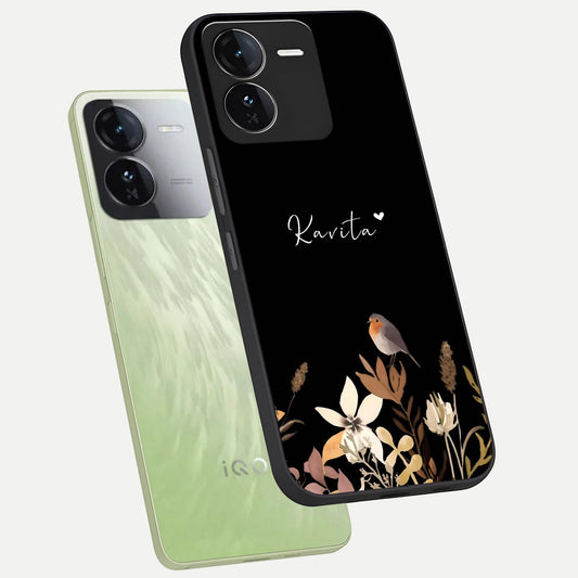 Quiet Garden Tune Custom Name phone case For iQOO Z9 showing premium glass back cover with detailed artwork