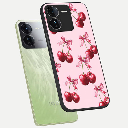Red Cherries Pattern phone case For iQOO Z9 showing premium glass back cover with detailed artwork