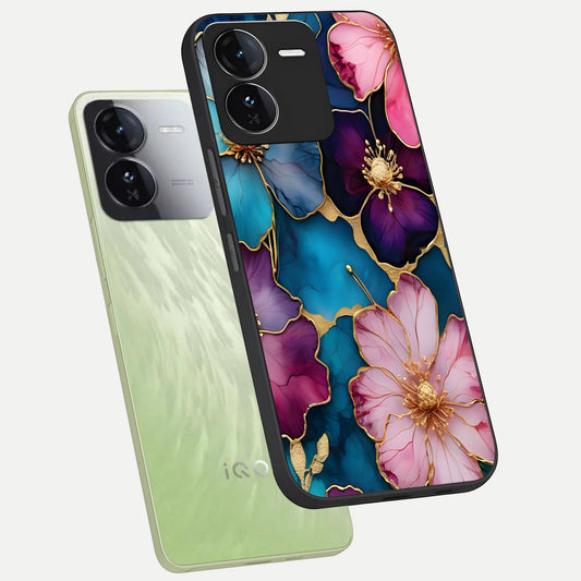 Sparkle Floral phone case For iQOO Z9 showing premium glass back cover with detailed artwork