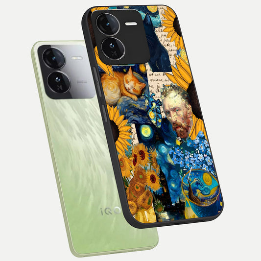 Sunflower Chic Mood Custom Name phone case For iQOO Z9 showing premium glass back cover with detailed artwork