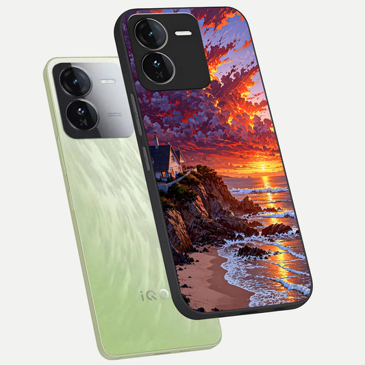 Sunset House By Sea phone case For iQOO Z9 showing premium glass back cover with detailed artwork