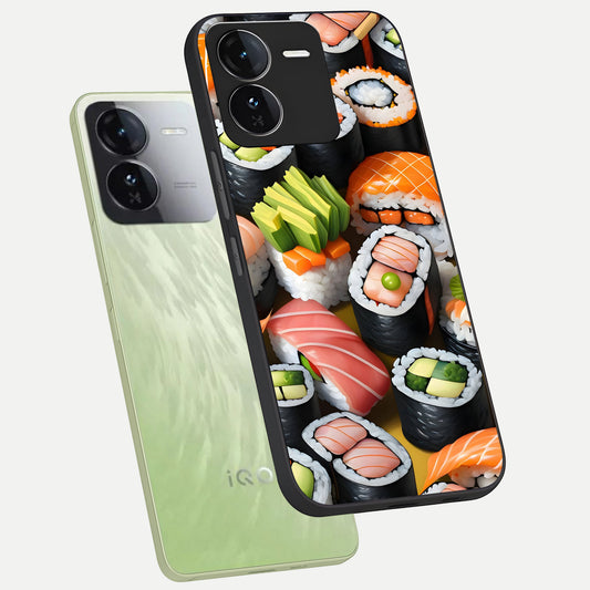 Sushi Food Pattern phone case For iQOO Z9 showing premium glass back cover with detailed artwork