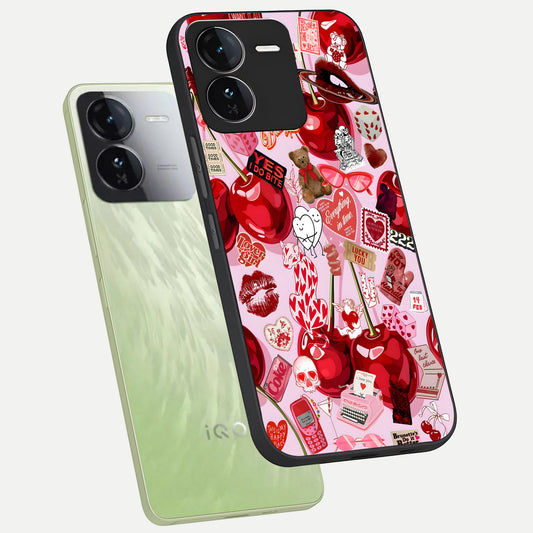 Sweet Cherry Chaos phone case For iQOO Z9 showing premium glass back cover with detailed artwork