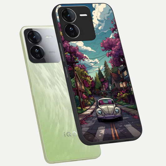 Vintage Street Drive phone case For iQOO Z9 showing premium glass back cover with detailed artwork