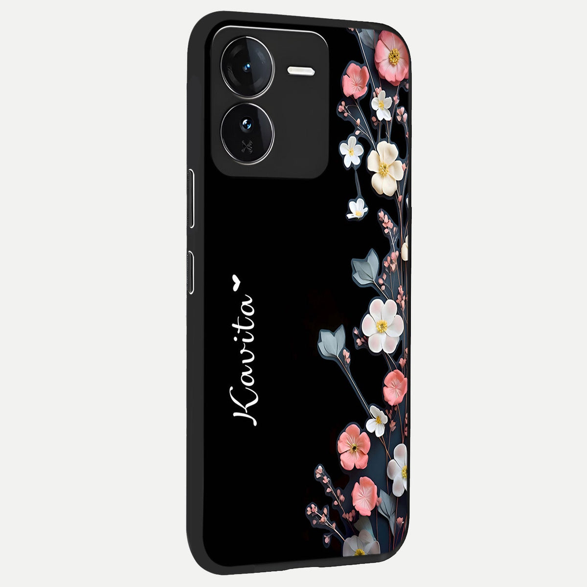 Black Elegance Floral Custom Name back cover For iQOO Z9 slim fit glass case with vibrant aesthetic design