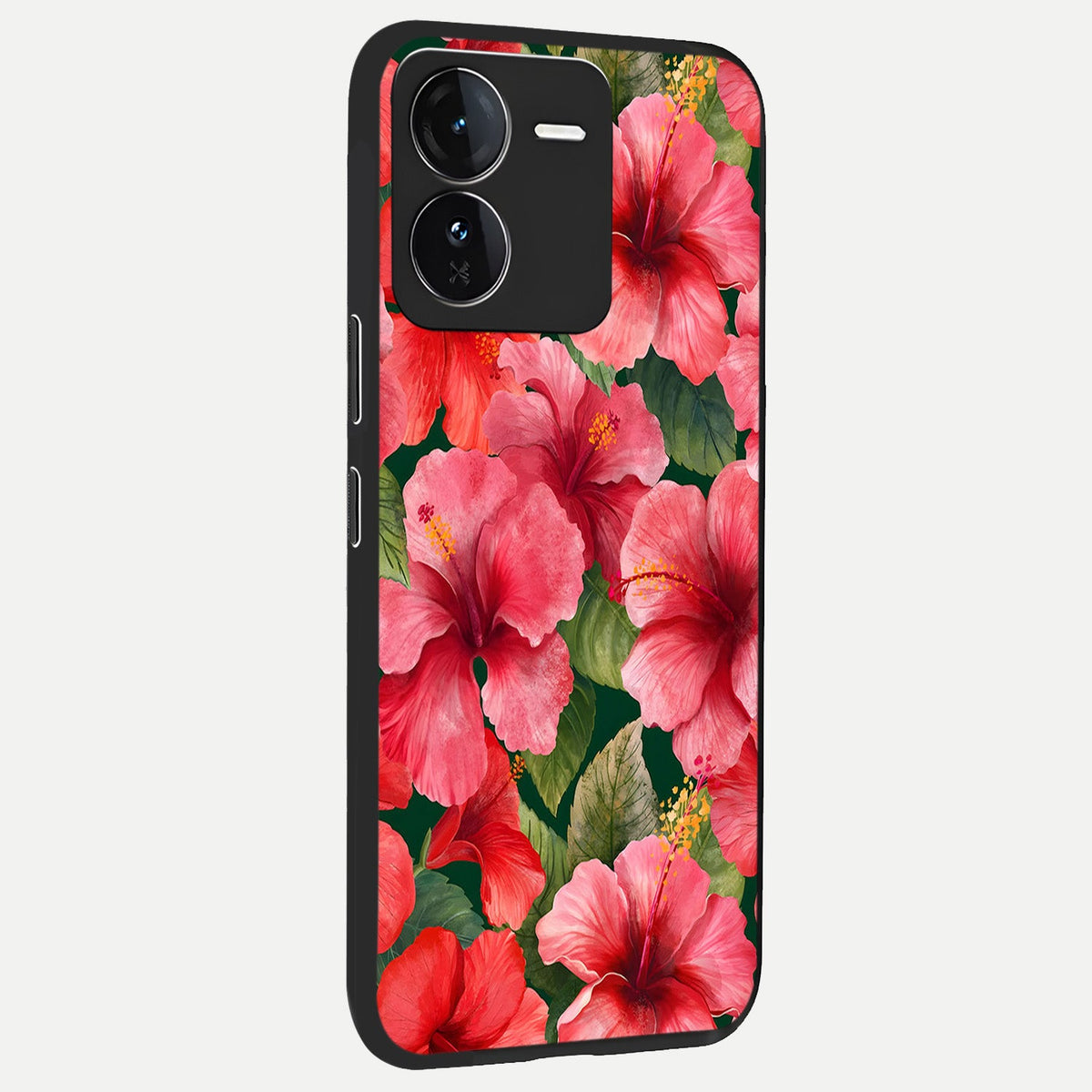 Hibiscus Pattern back cover For iQOO Z9 slim fit glass case with vibrant aesthetic design