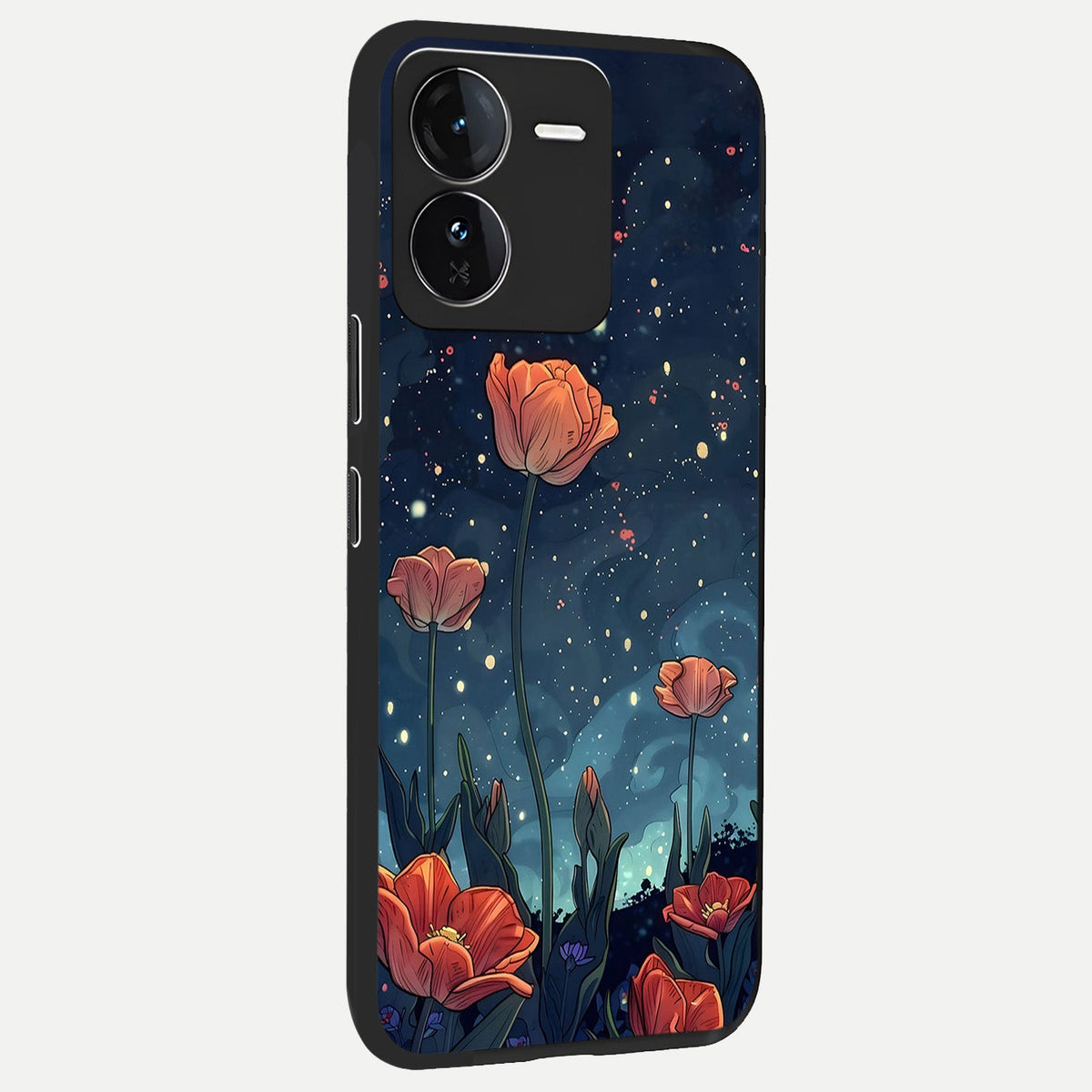 Midnight Tulip Glow back cover For iQOO Z9 slim fit glass case with vibrant aesthetic design