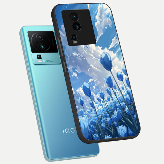 Blue Tulip Clouds phone case For iQOO Neo 7 Pro showing premium glass back cover with detailed artwork