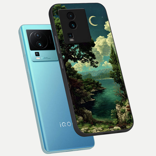 Celestial Lake Peace phone case For iQOO Neo 7 Pro showing premium glass back cover with detailed artwork