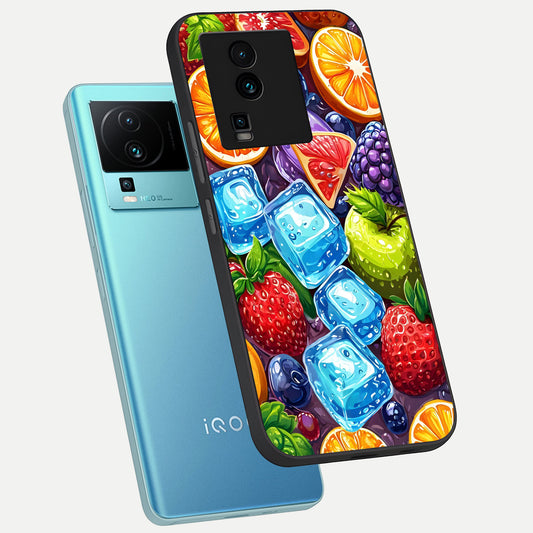 Colorful Fruits with Ice phone case For iQOO Neo 7 Pro showing premium glass back cover with detailed artwork