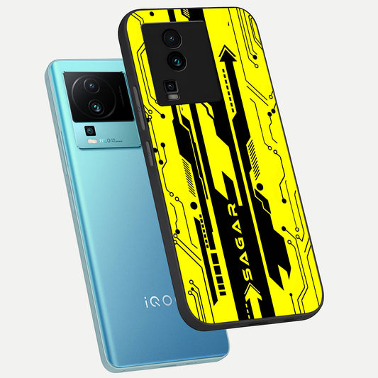 Electric Pulse CYBERPUNK Custom Name phone case For iQOO Neo 7 Pro showing premium glass back cover with detailed artwork