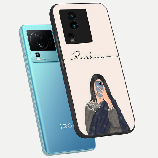 Mirror Mood Muse With Custom Name phone case For iQOO Neo 7 Pro showing premium glass back cover with detailed artwork