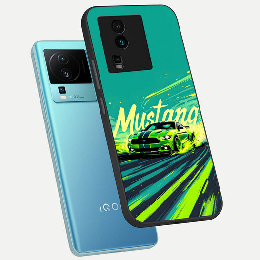 Mustang Bang phone case For iQOO Neo 7 Pro showing premium glass back cover with detailed artwork