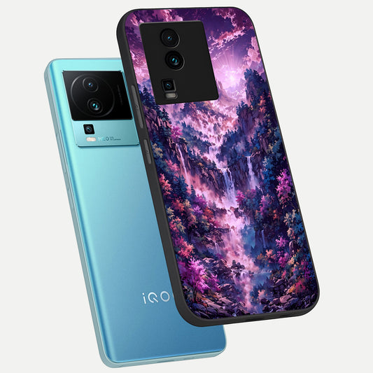 Mystic Cascade Peaks phone case For iQOO Neo 7 Pro showing premium glass back cover with detailed artwork