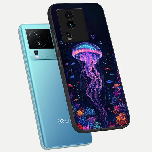 Neon Jellyfish phone case For iQOO Neo 7 Pro showing premium glass back cover with detailed artwork